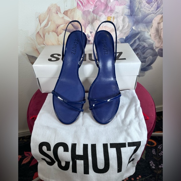 New Schutz Diana Mid Sandal in Infinite Blue leather slingback heel open toe - Picture 4 of 9